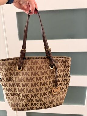 Michael Kors Brown MK Monogram Tote with Gold Hardware